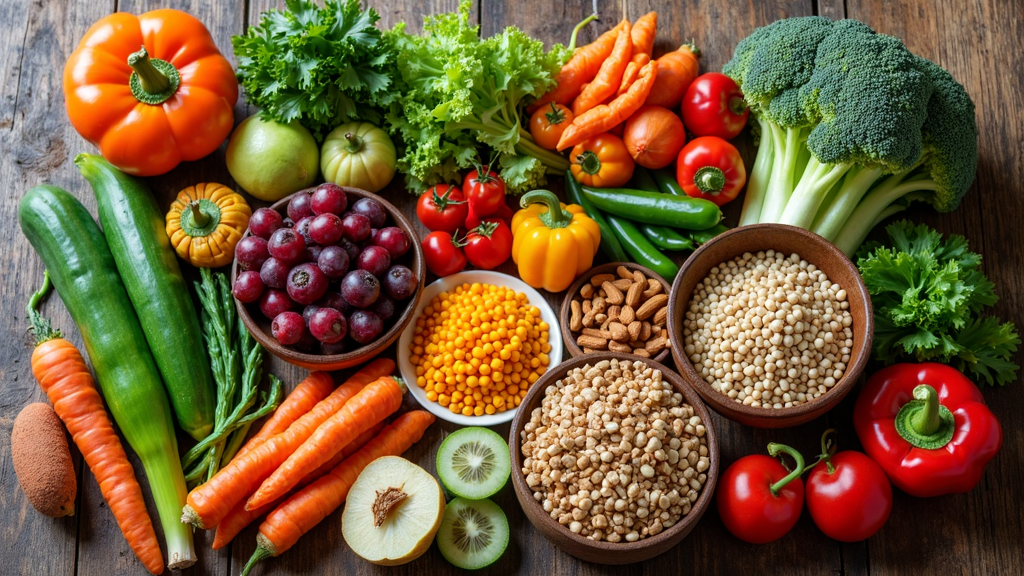 A colorful display of a variety of fresh plant-based foods, including leafy greens, beans, nuts, fruits, and whole grains arranged on a rustic wooden table.