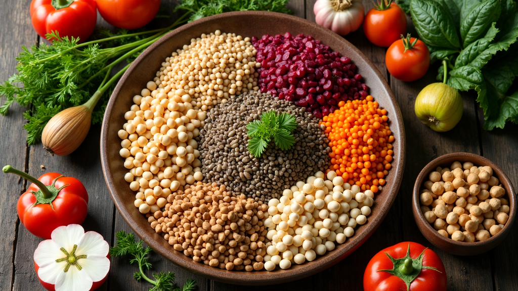 A colorful spread of beans, lentils, chickpeas, tofu, nuts, and seeds on a wooden table.