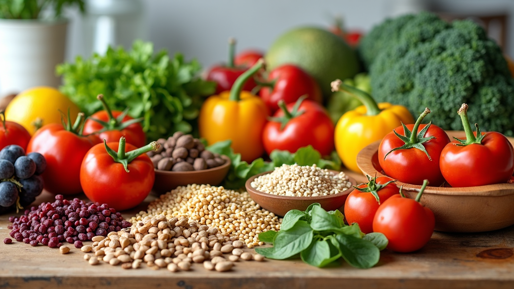 Colorful fruits, vegetables, grains, and nuts arranged on a wooden table