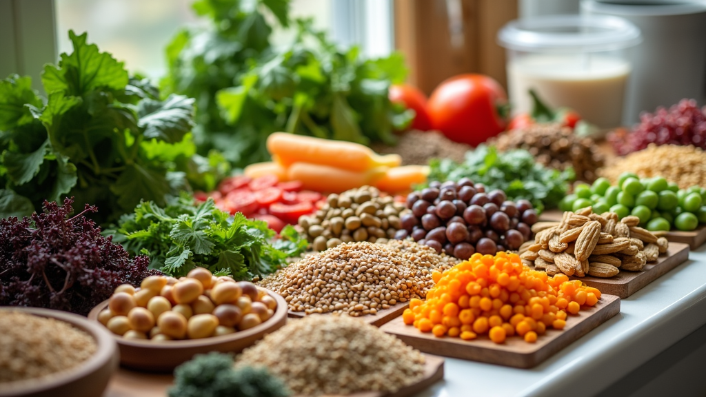 Vibrant vegetables, legumes, grains, and nuts arranged on a countertop in natural light.