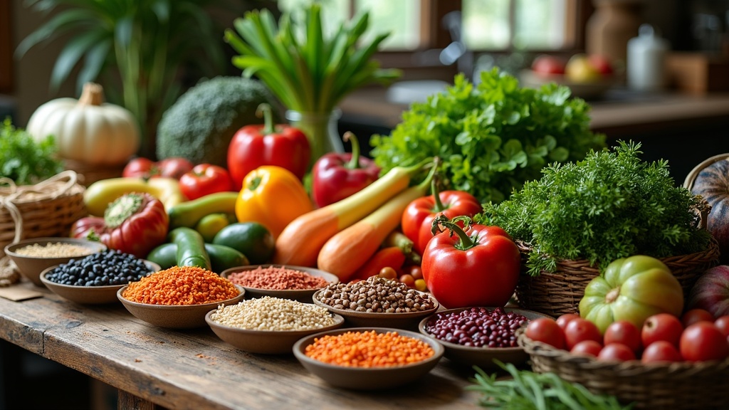 A colorful assortment of fresh fruits and vegetables displayed on a rustic kitchen table.