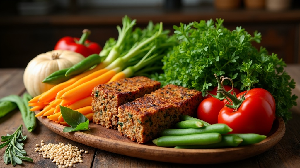 A colorful assortment of fresh vegetables and plantbased proteins arranged on a wooden table.