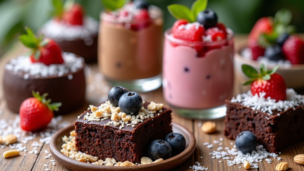A colorful assortment of plant-based desserts including chocolate cake, fruit parfaits, and raw brownies arranged on a wooden table with fresh berries, nuts, and coconut flakes for garnish.