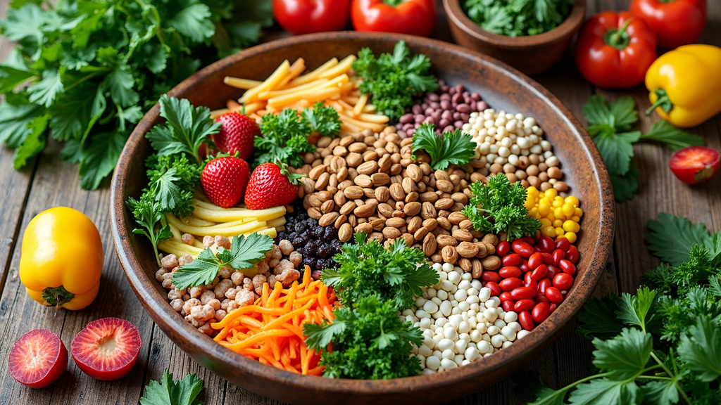 A colorful assortment of plant-based foods like leafy greens, nuts, legumes, and grains on a wooden table.