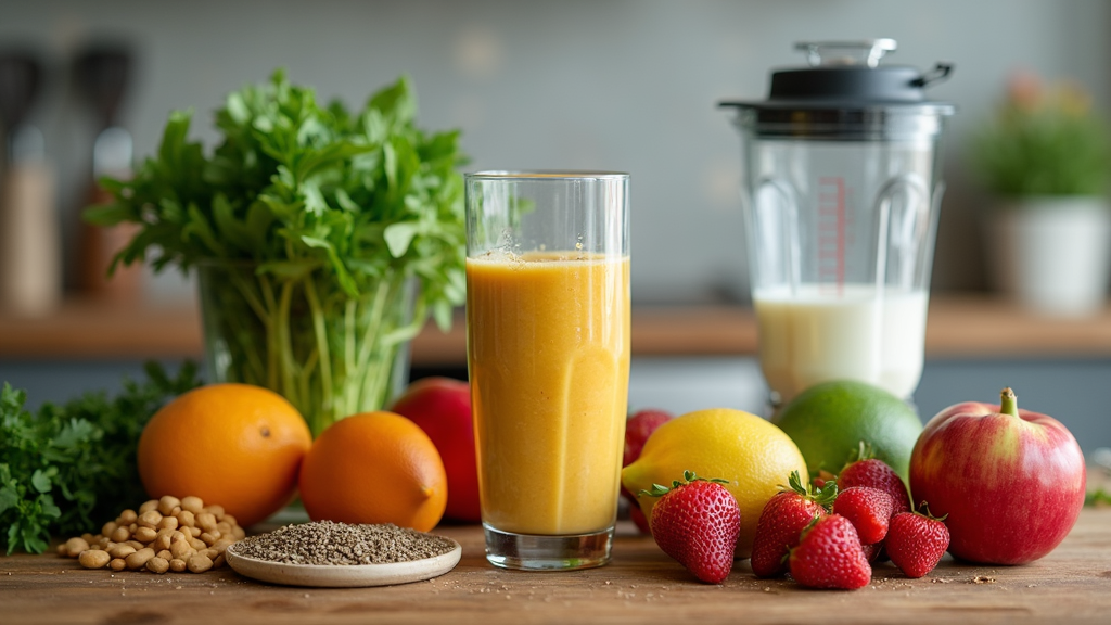 A colorful collection of ingredients and a blender on a wooden counter ready to make a plantbased smoothie