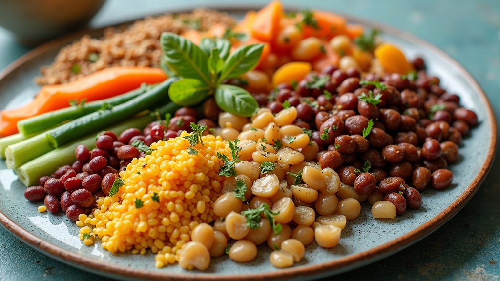 A colorful plant-based meal with legumes, grains, and vegetables arranged on a plate.