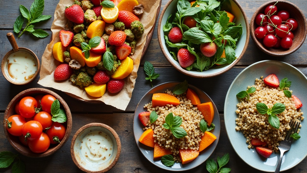 A colorful spread of gluten-free, plant-based dishes including roasted vegetables, grains, and salads on a wooden table.