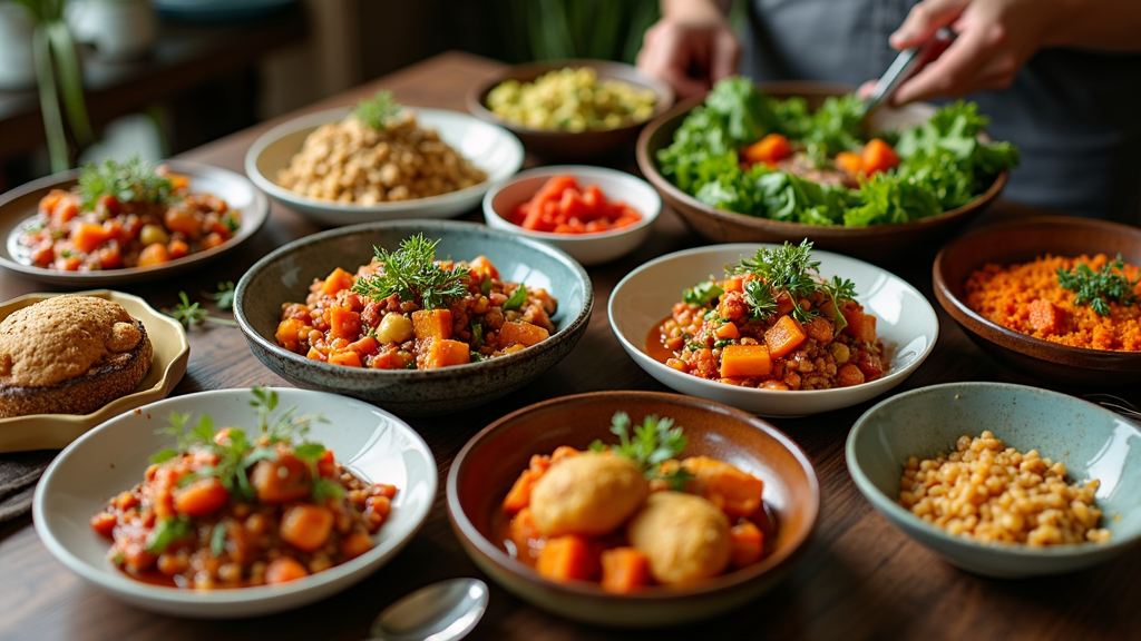 A colorful spread of hearty plant-based dinner dishes on a table, including a vegetable stew, roasted root vegetables, a big bowl of lentil curry, and a platter of stuffed sweet potatoes.