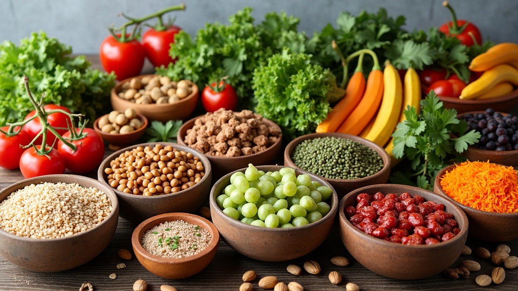 A colorful spread of plant-based foods, such as grains, legumes, fresh vegetables, fruits, and nuts in bowls and on a wooden table, with a neutral background.