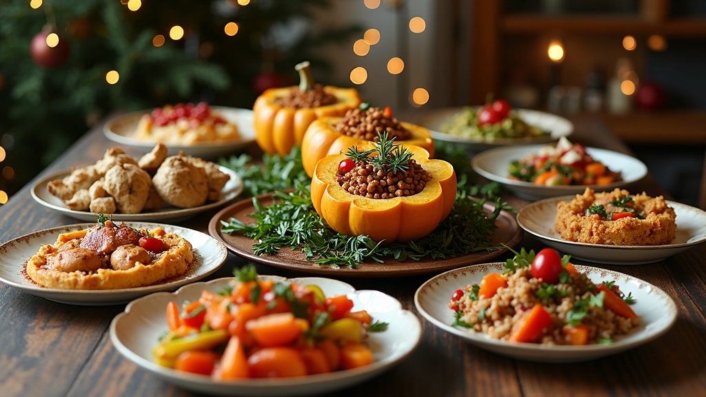 A holiday dinner table filled with colorful plant-based dishes like roasted vegetables, stuffed squash, and festive salads.