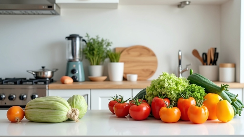 A modern kitchen counter with colorful fresh vegetables and various kitchen tools like a blender, knife set, and cutting board displayed neatly.