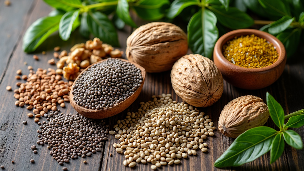 A selection of plant-based omega-3 sources, including chia seeds, walnuts, flaxseeds, and hemp seeds displayed on a rustic table with oil and leafy greens
