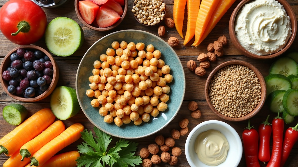A variety of vibrant, colorful plant-based snacks like sliced veggies, homemade granola bars, and hummus on a rustic wooden table.