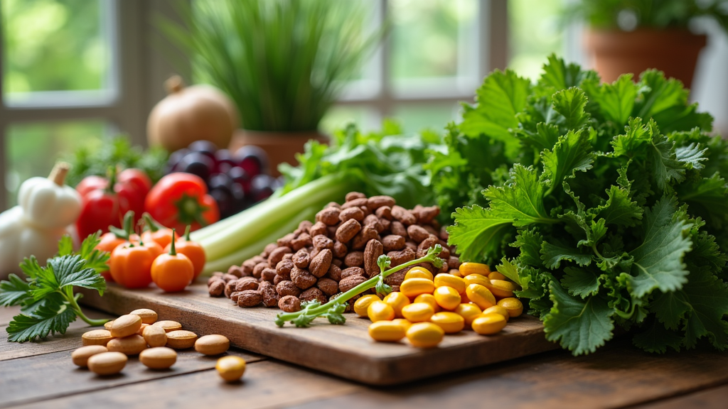 Assortment of vegan supplements, leafy greens, and plant foods on a wooden table.