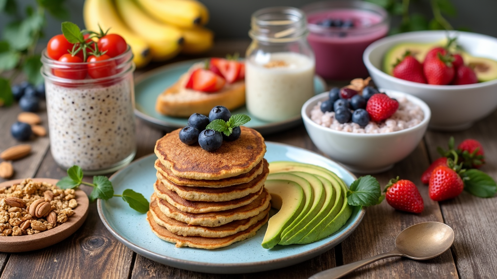 Bowl of colorful plant-based breakfast foods on a wooden table