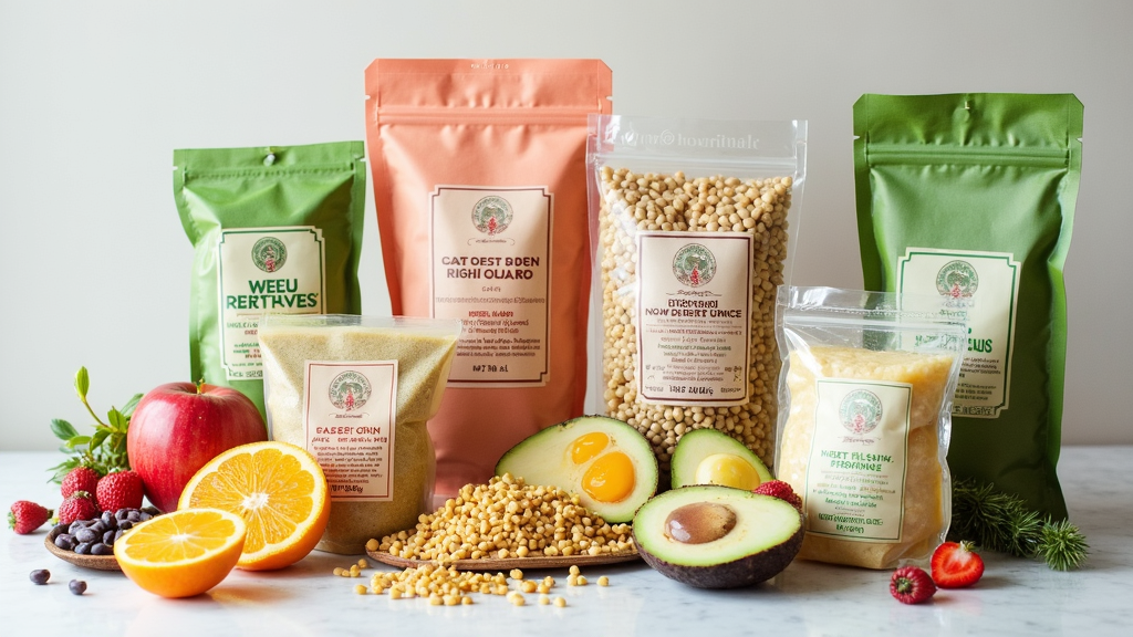 Colorful assortment of packaged plant-based foods laying flat with nutrition labels visible