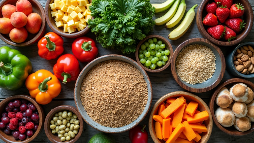Colorful bowls filled with a variety of fresh plant-based foods, fruits, vegetables, and grains