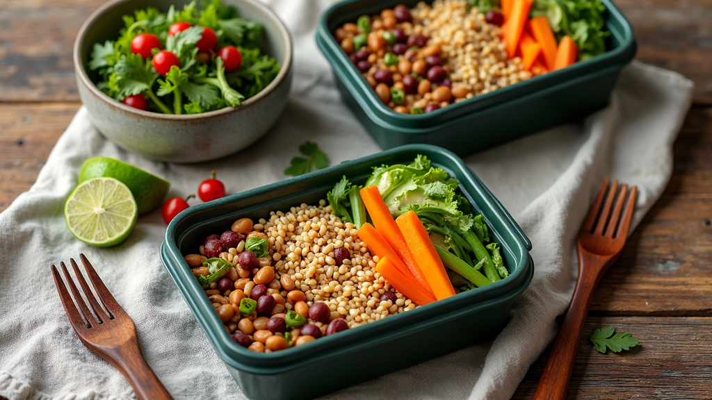 Colorful plant-based lunchboxes with grains, beans, and fresh vegetables