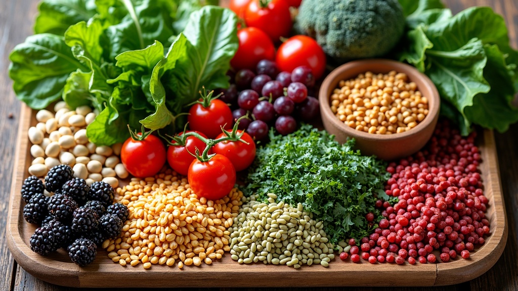 A colorful assortment of fresh plantbased foods including leafy greens, berries, whole grains, nuts, and legumes on a wooden table