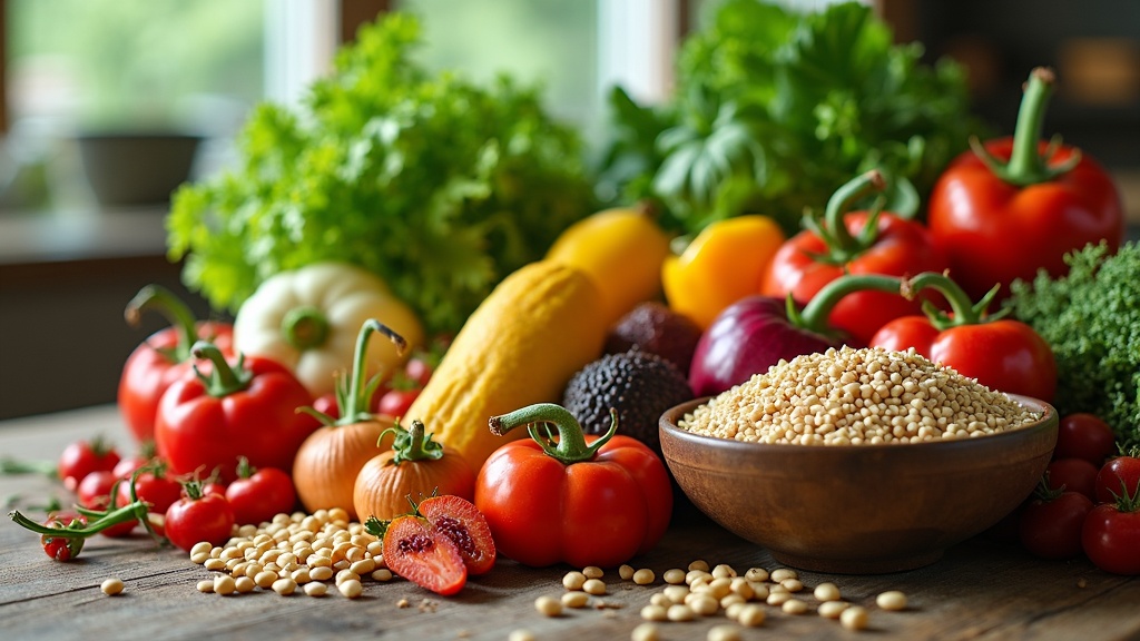 A colorful assortment of fresh vegetables and fruits arranged on a rustic kitchen table, with a bowl of grains and legumes, set in a bright, natural light setting with leafy greens in the background.