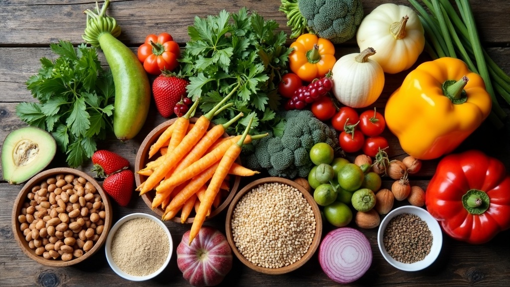 A colorful assortment of plant-based foods including fruits, vegetables, legumes, whole grains, and seeds beautifully arranged on a rustic wooden table.