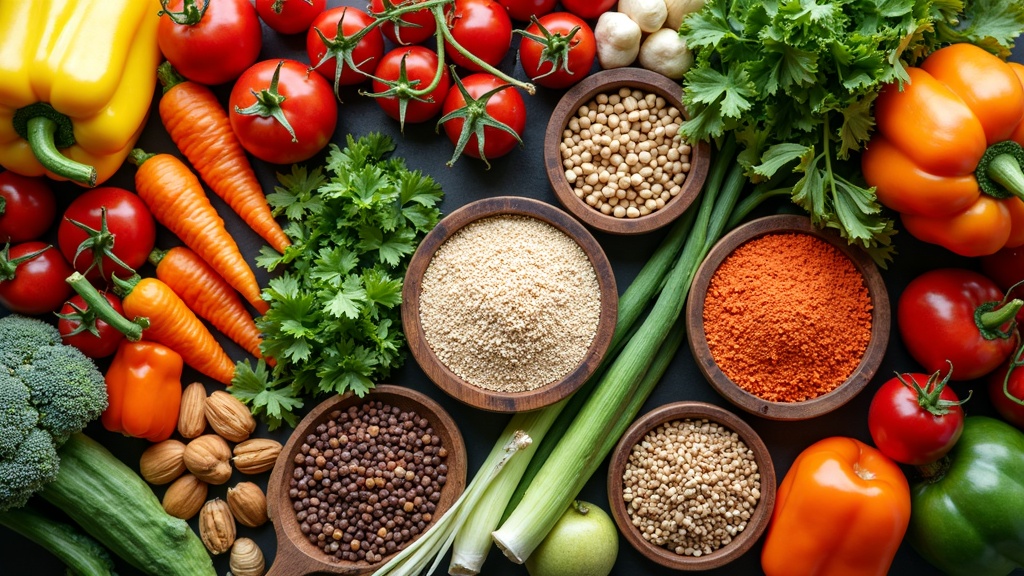 A colorful assortment of plant-based foods including vegetables, legumes, whole grains, and fruits arranged on a wooden table.
