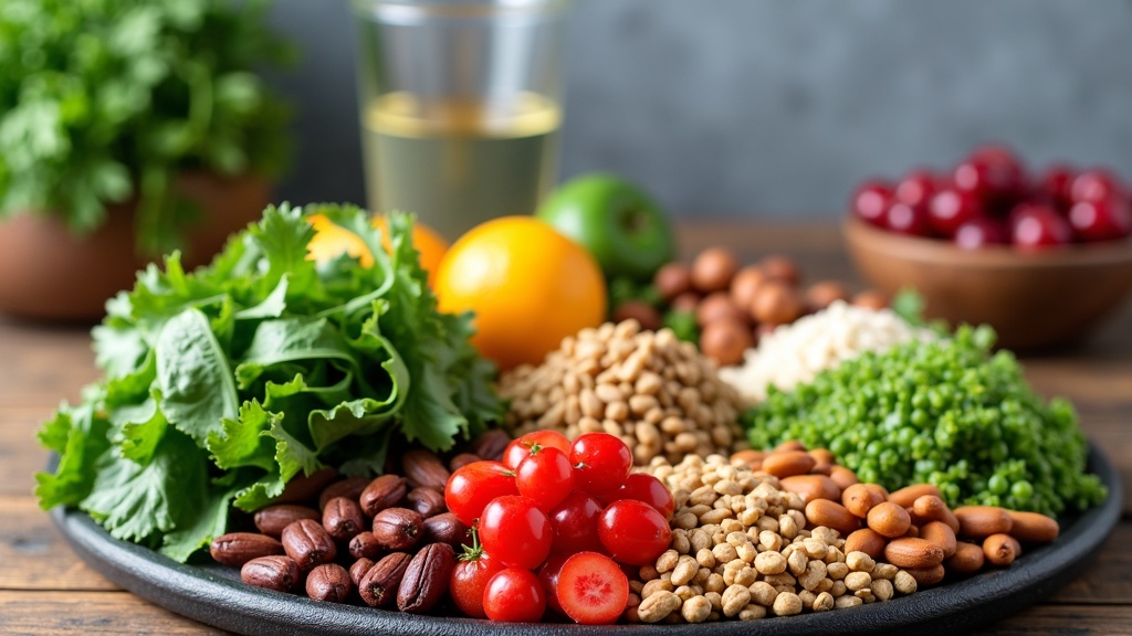 A colorful spread of fresh plantbased foods: leafy greens, fruit, nuts, seeds, beans, whole grains, and root vegetables. A glass of water and a bowl of berries sit in the background.
