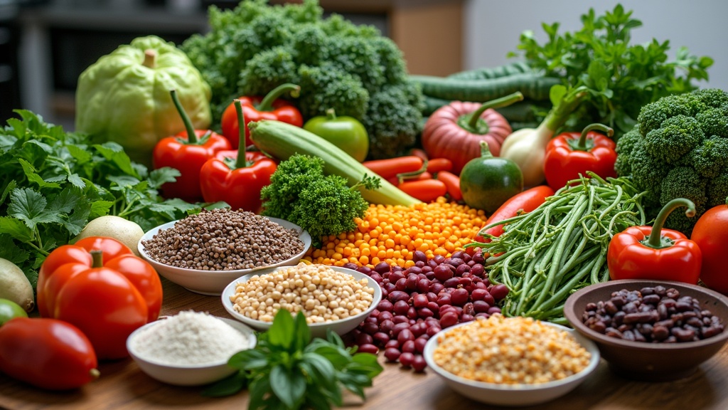 A colorful variety of fresh vegetables, grains, legumes, and herbs spread across a kitchen table, perfect for plantbased meal inspiration.