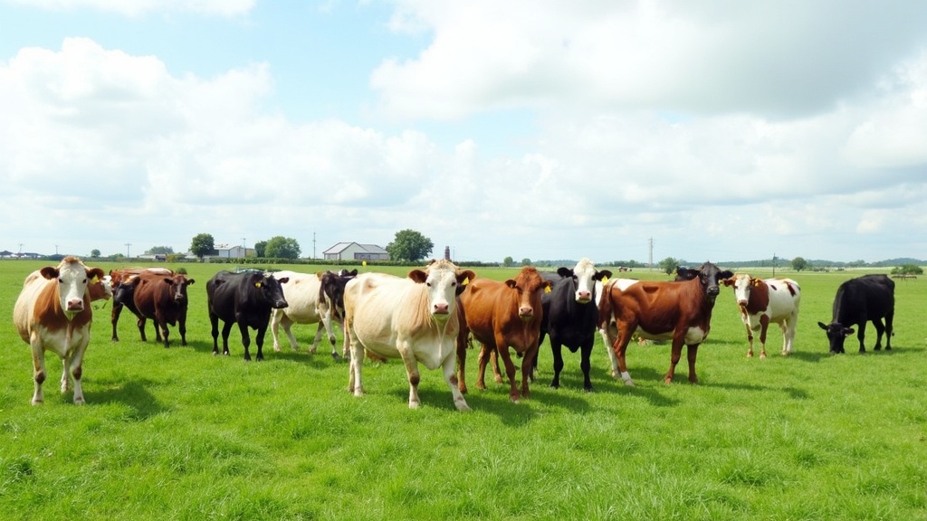 A herd of dairy cows grazing on a green pasture under a cloudy sky, with some visible farming equipment and distant barns.