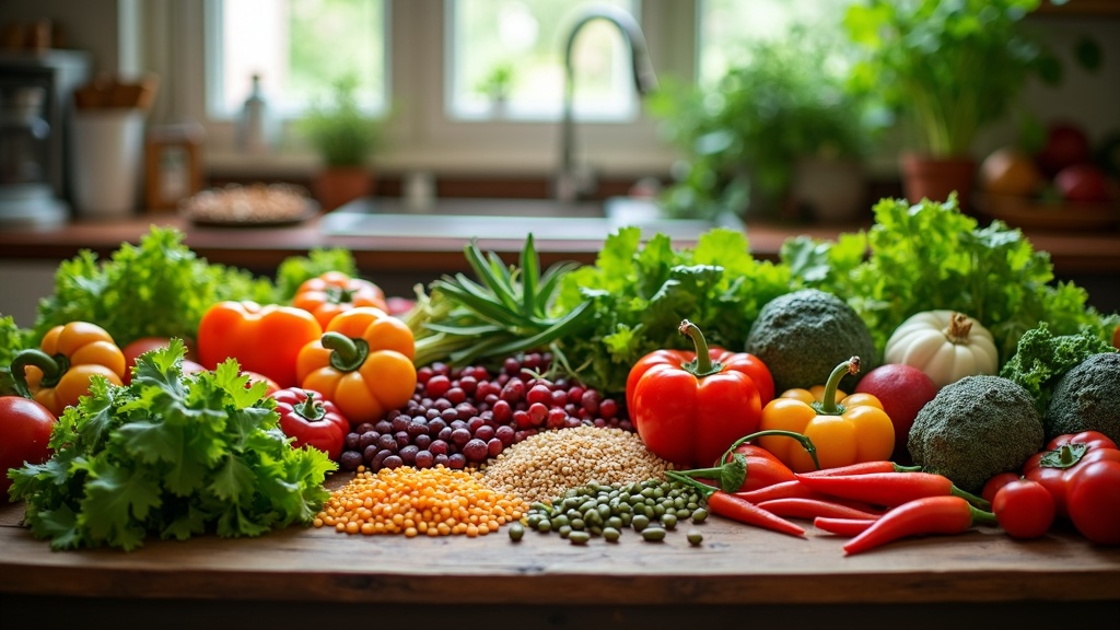 A vibrant collection of colorful vegetables, fruits, legumes, grains, and leafy greens arranged on a rustic kitchen table under natural light, highlighting the variety and abundance of plant-based foods.