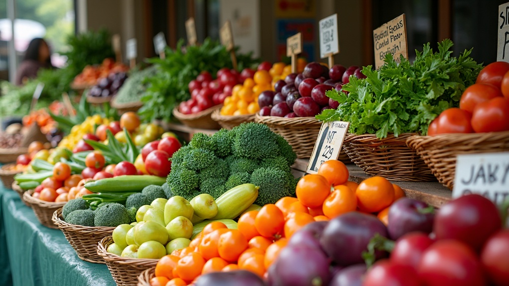 A vibrant collection of locally grown fruits and vegetables displayed in a rustic farmer's market setting, with a chalkboard showing short distances from nearby farms.