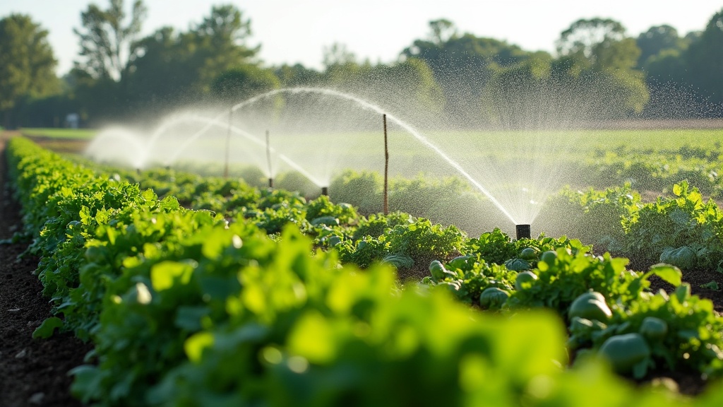 A vibrant farm field being irrigated, with rows of various vegetables and no humans present.