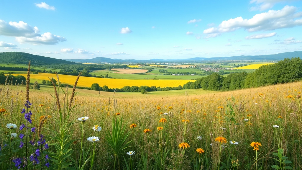 A vibrant field of diverse wild plants and flowers bordered by patches of cultivated crops under a bright sky