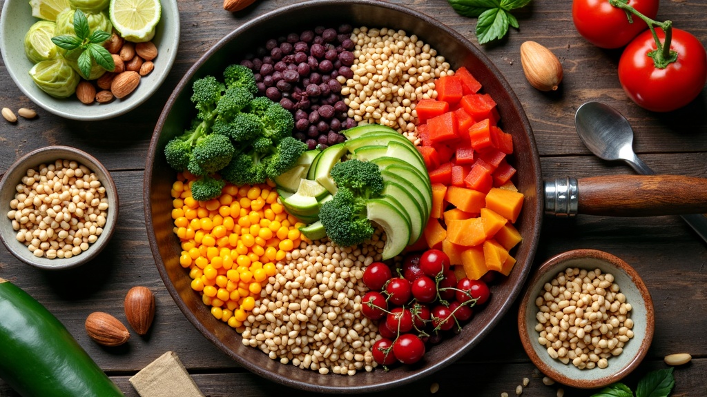 A vibrant plant-based meal with colorful vegetables, legumes, and grains on a rustic wooden table.