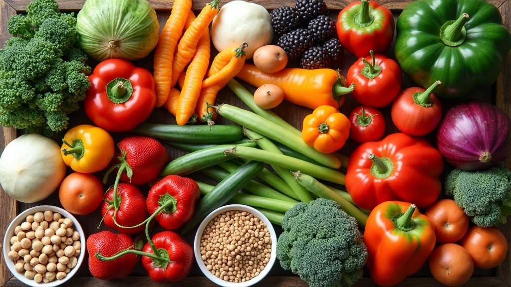 Colorful assortment of fresh vegetables and fruits, legumes, nuts, and whole grains arranged on a rustic wooden table