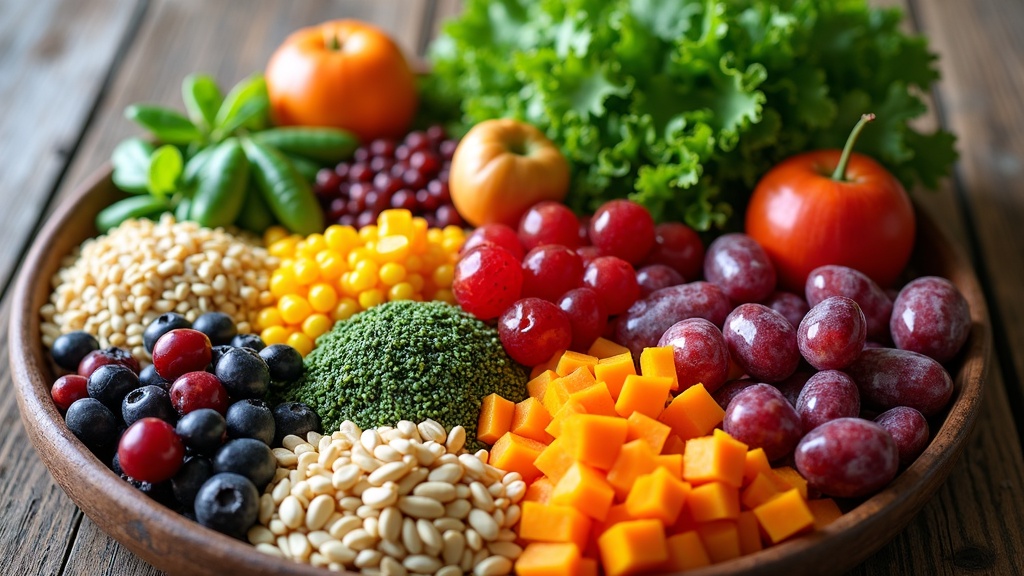 Colorful assortment of raw fruits, vegetables, grains, and legumes