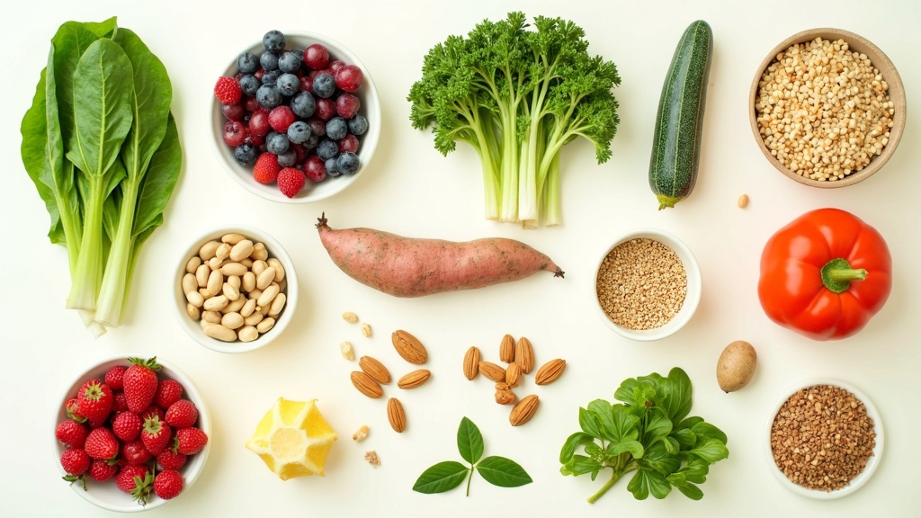 Colorful bowls of fresh vegetables, whole grains, and nuts arranged on a clean neutral background