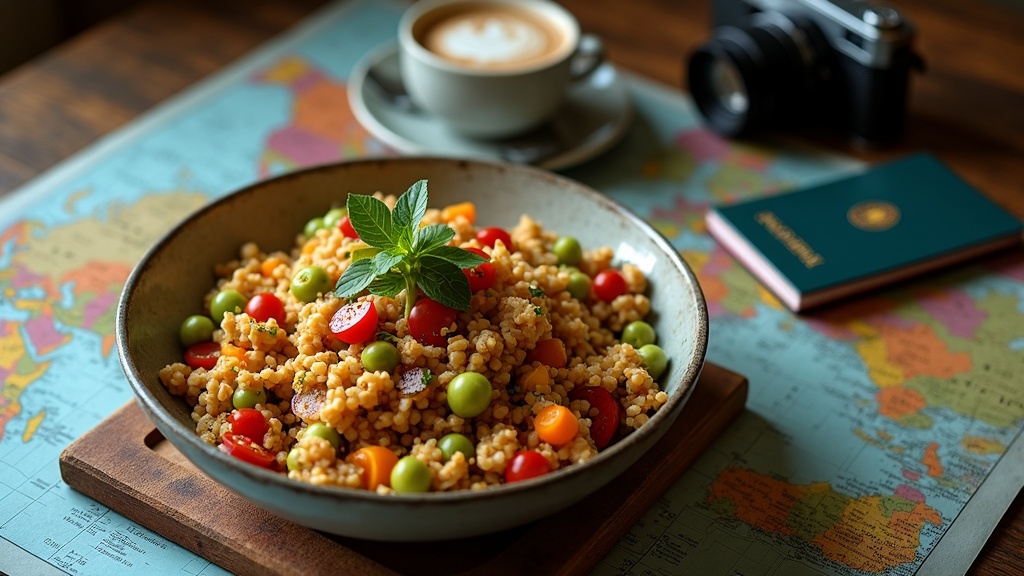 Colorful plant-based meal in a bowl on a rustic table with travel accessories like a passport and camera nearby.