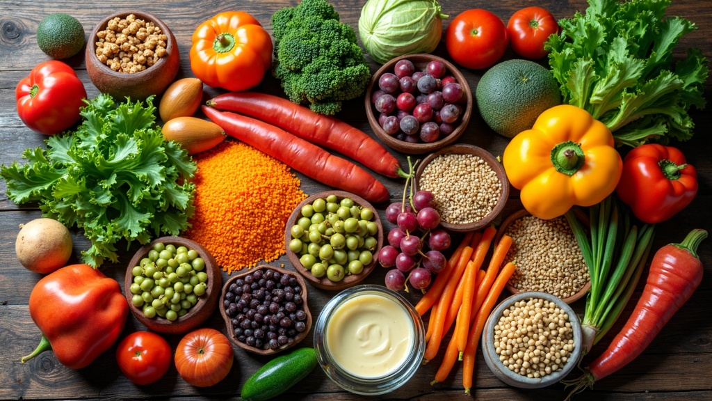 Fresh colorful assortment of vegetables and grains neatly arranged on a wooden table