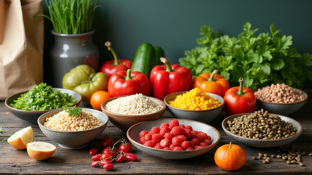 Fresh colorful vegetables, legumes, and grains in bowls on a rustic table, with reusable produce bags and a potted herb plant nearby. No humans or text.