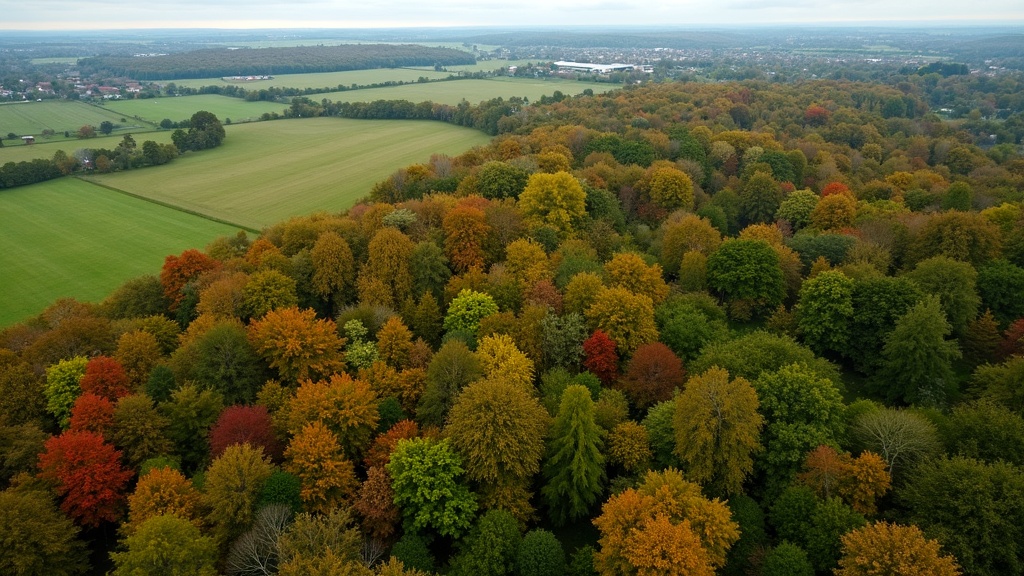 Lush green forest seen from above, with a patchwork of fields showing the border between forest and agricultural land