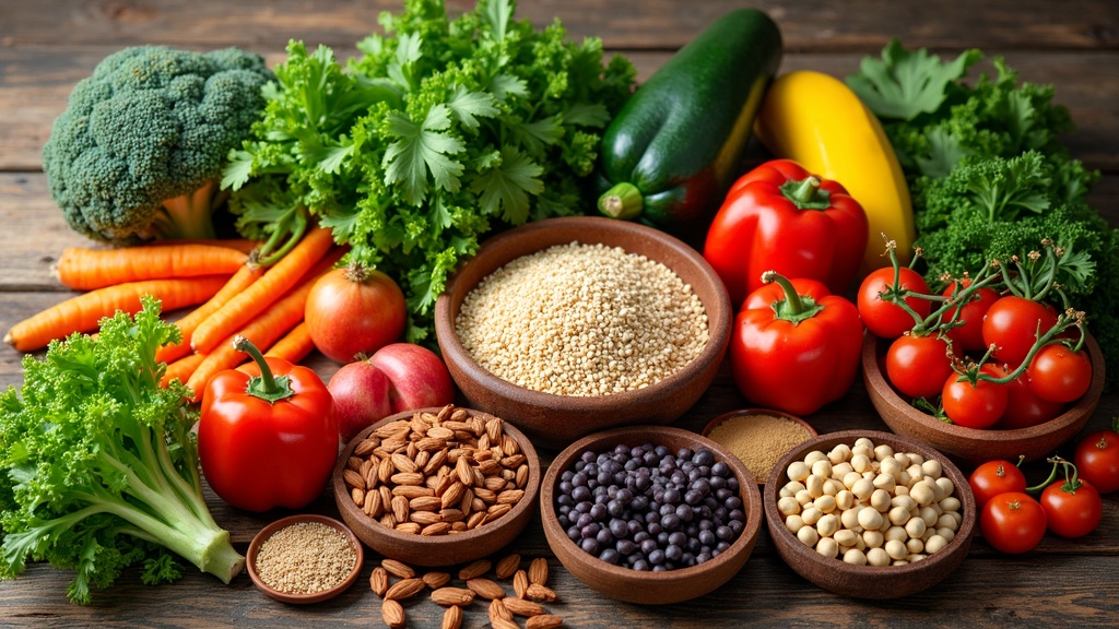 A colorful array of fresh vegetables and grains on a wooden kitchen table.