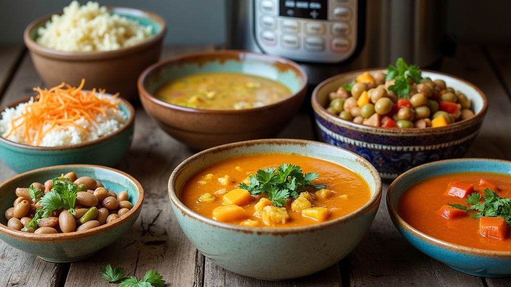 A colorful array of simple vegan Instant Pot dishes, including soups, curries, rice, and beans on a rustic kitchen countertop.