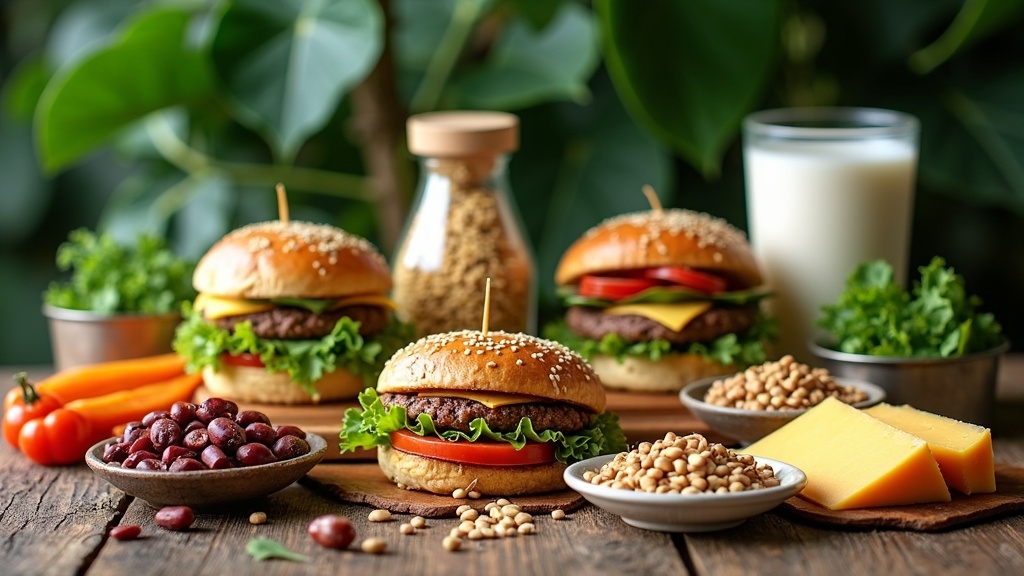 A colorful assortment of plant-based food products on a rustic wooden table, including veggie burgers, plant-based cheese, dairy-free milk, and various legumes and grains, with a green leafy background.