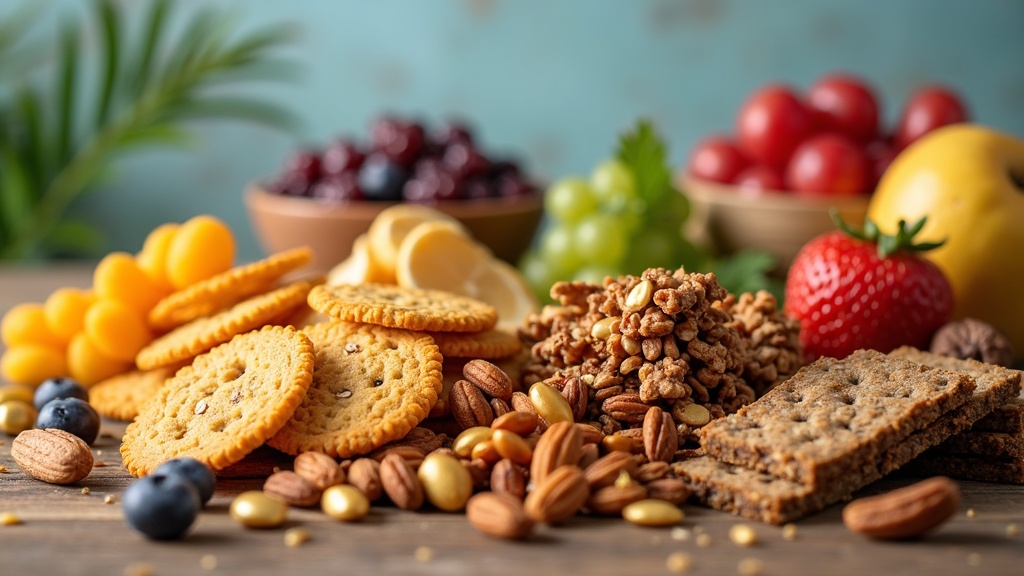 A colorful assortment of plant-based snack foods, including chips, crackers, trail mix, cookies, and protein bars, arranged on a wooden table with fresh fruit and nuts in the background.