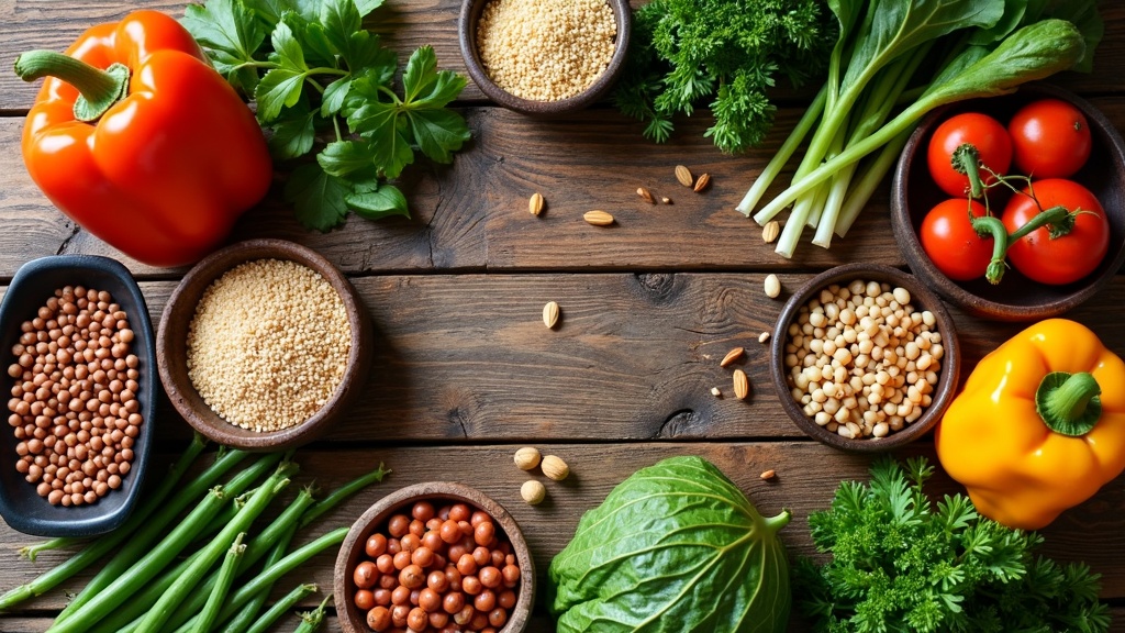 A colorful display of fresh plant-based ingredients such as leafy greens, tomatoes, beans, lentils, nuts, and vibrant root vegetables arranged on a rustic kitchen table.