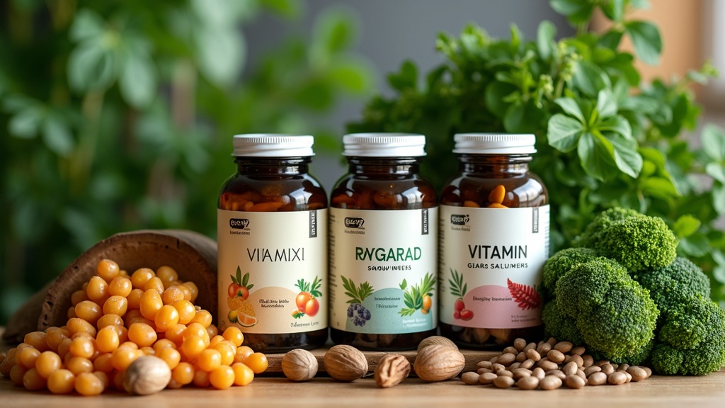 A colorful display of vitamin bottles, leafy greens, and nuts on a natural wood table.