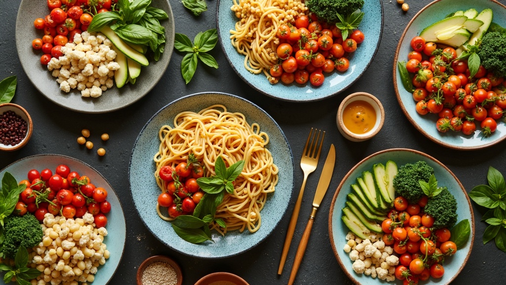 A colorful spread of plant-based dishes on a table, including salads, pastas, and vegetables in bowls.