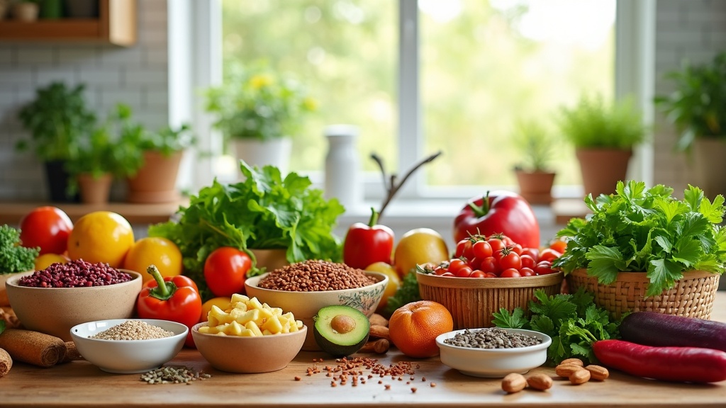 a colorful spread of plant-based foods like vegetables, grains, beans, fruits, and nuts displayed on a kitchen counter