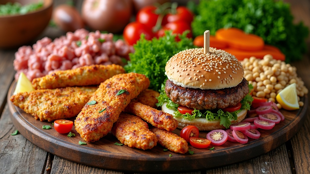 A variety of plant-based burgers, sausages, chicken, and seafood on a wooden table surrounded by vegetables and grains.